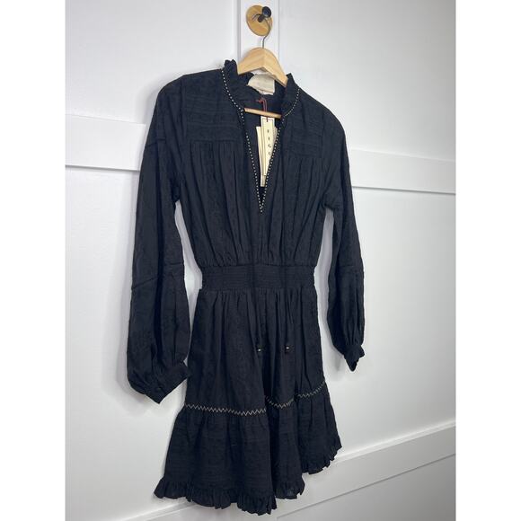 NWT Figue Rayne Long Sleeve Ruffle Black Embroidered Cotton Dress Size: XS - Picture 3 of 8